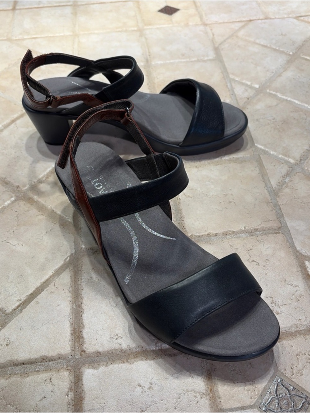 Naot Women's Black and Brown Low Block Heel Slingback Sandals